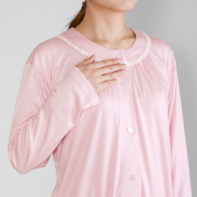 レディース パジャマ 長袖 前開き 衿なし リヨセルシルクスムース