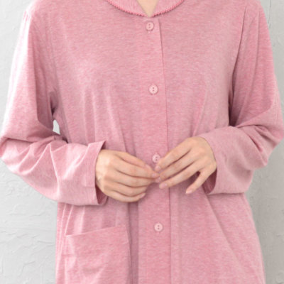 レディース ネグリジェ 長袖 前開き 衿付き オーガニックコットン100