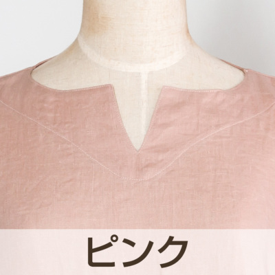 レディース ワンピース 五分袖 かぶり キーネック 麻100％(フレンチ