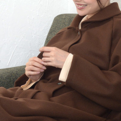 レディース ロングガウン 長袖 前開き 衿付き メルトンニット 0918